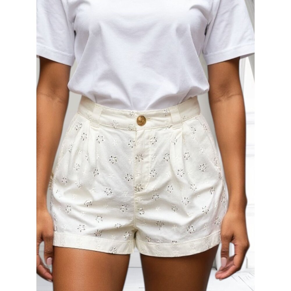 Vintage Ghanda Womens Eyelet Embroidered 100% Cotton White Shorts Size M Comfy